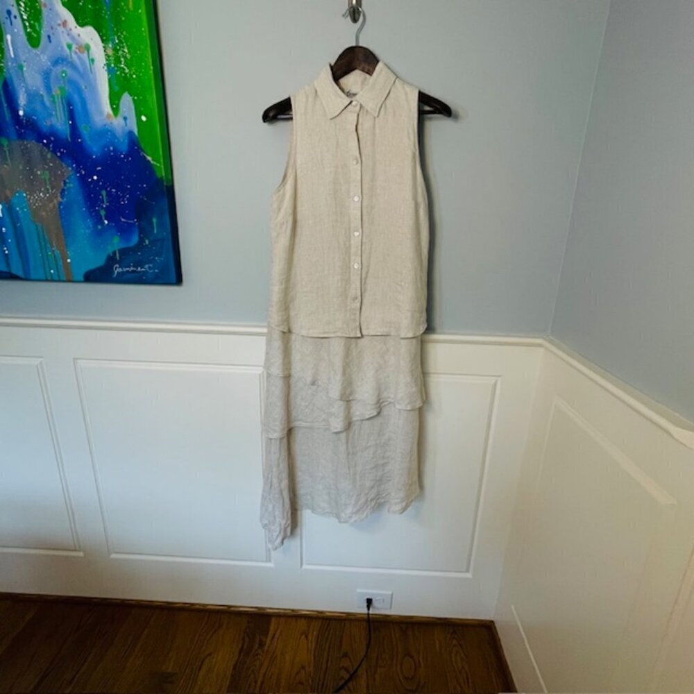 FINLEY 100% Linen Tiered Jasmine Midi Shirt Dress Natural Tan Small - Picture 9 of 10